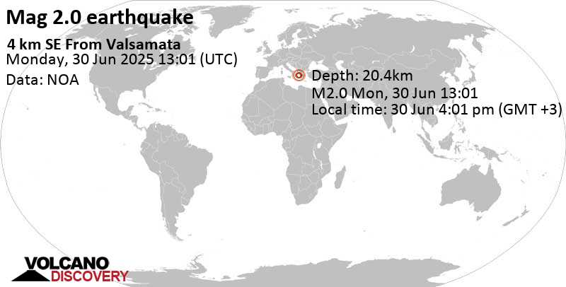 2.0 quake 11 km east of Argostoli, Kefallonia Regional Unit, Ionian Islands, Greece, Jun 30, 2025 04:01 pm (GMT +3)