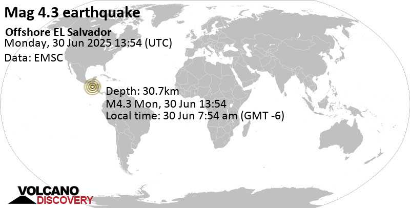 4.3 quake North Pacific Ocean, 78 km southwest of San Salvador, El Salvador, Jun 30, 2025 07:54 am (GMT -6)