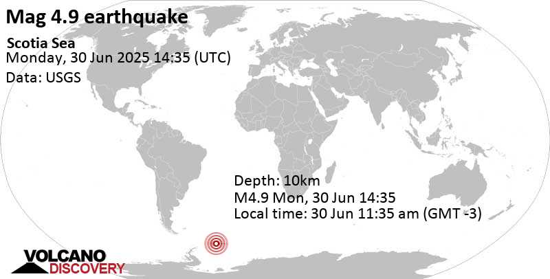4.9 quake Scotia Sea Jun 30, 2025 11:35 am (GMT -3)