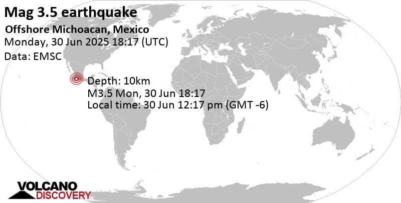 3.5 quake North Pacific Ocean, 57 km south of Aquila, Mexico, Jun 30, 2025 11:17 am (Mazatlan time)