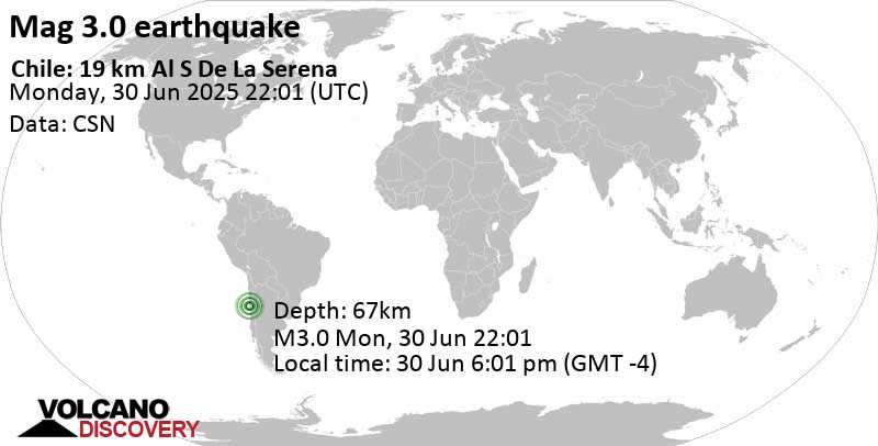 3.0 quake 13 km south of Coquimbo, Provincia de Elqui, Region de Coquimbo, Chile, Jun 30, 2025 06:01 pm (GMT -4)