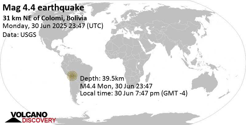 4.4 quake 50 km northeast of Sacaba, Departamento de Cochabamba, Bolivia, Jun 30, 2025 07:47 pm (La Paz time)