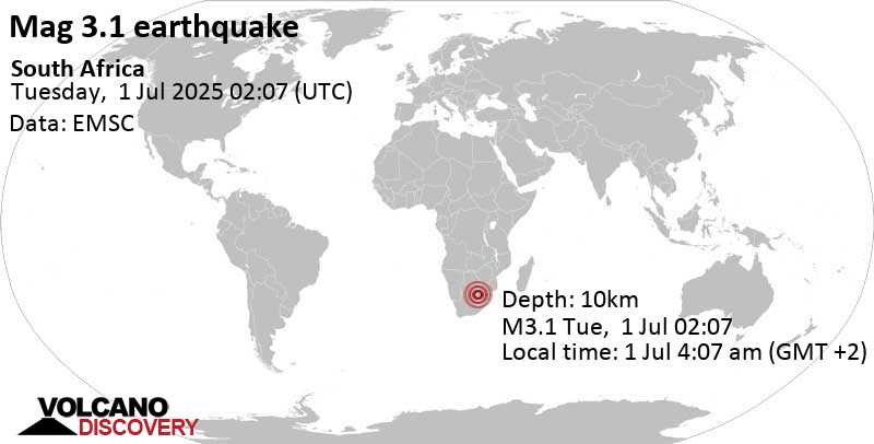 3.1 quake 21 km northeast of Ventersdorp, North West, South Africa, Jul 1, 2025 04:07 am (GMT +2)