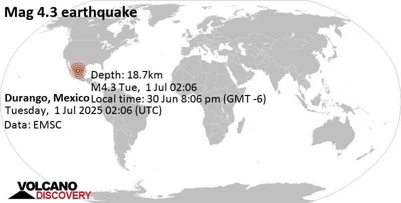 4.3 quake Estado de Durango, 28 km northeast of Juan Aldama, Estado de Zacatecas, Mexico, Jun 30, 2025 08:06 pm (Monterrey time)