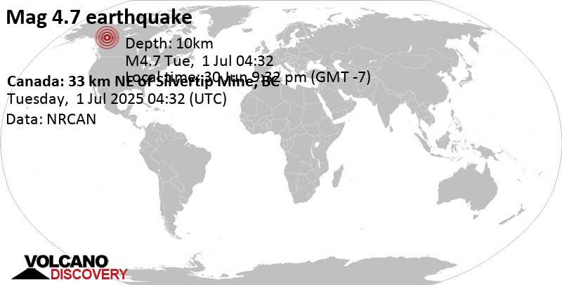 4.7 quake 65 km west of Watson Lake, Watson Lake, Yukon, Canada, Jun 30, 2025 09:32 pm (Whitehorse time)