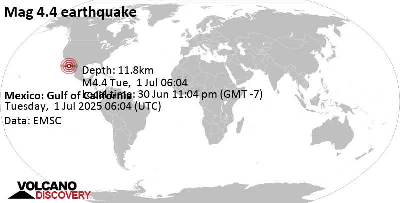 4.4 quake 79 km north of Santa Rosalia, Estado de Baja California Sur, Mexico, Jun 30, 2025 10:04 pm (GMT -8)
