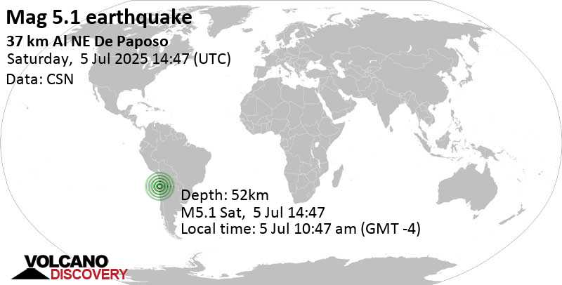 5.1 quake 131 km south of Antofagasta, Provincia de Antofagasta, Region de Antofagasta, Chile, Jul 5, 2025 10:47 am (Santiago time)