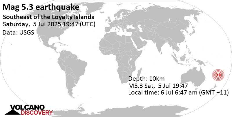 5.3 quake South Pacific Ocean, New Caledonia, Jul 6, 2025 06:47 am (GMT +11)