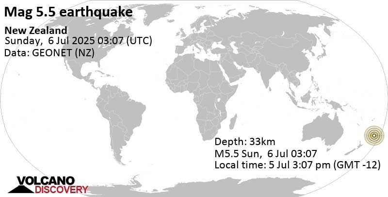 5.5 quake South Pacific Ocean, 219 km southeast of Raoul Island, New Zealand, Jul 6, 2025 03:07 pm (GMT +12)
