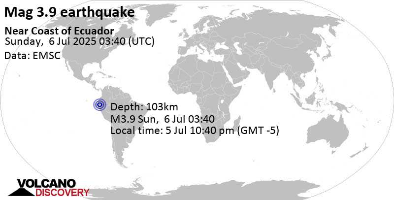 3.9 quake 28 km northwest of Loja, Provincia de Loja, Ecuador, Jul 5, 2025 10:40 pm (Guayaquil time)