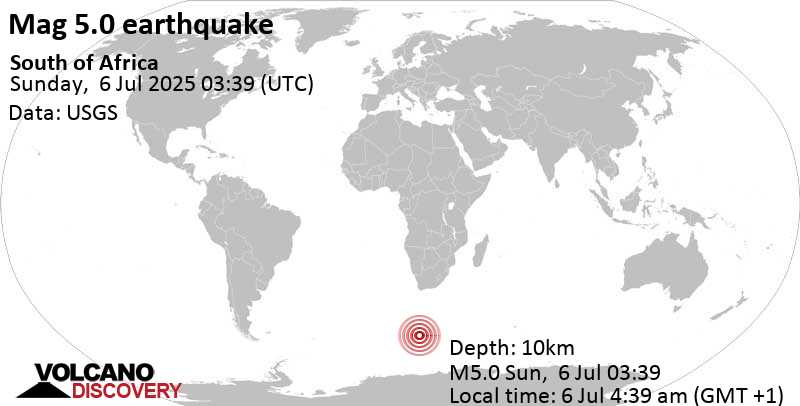 5.0 quake South of Africa Jul 6, 2025 04:39 am (GMT +1)