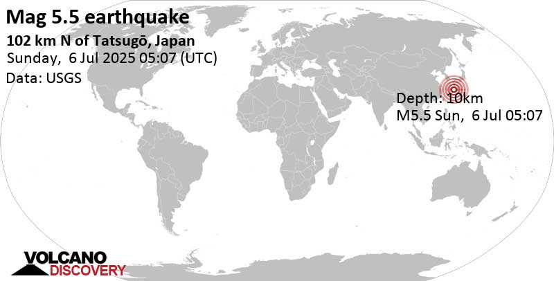 5.5 quake East China Sea, Kagoshima-ken, 33 km southwest of Suwanose-jima Island, Japan, Jul 6, 2025 02:07 pm (GMT +9)