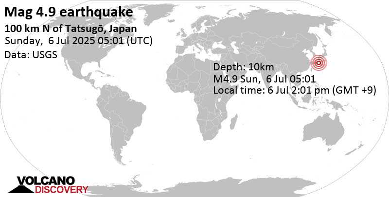 4.9 quake East China Sea, Kagoshima-ken, 39 km southwest of Suwanose-jima Island, Japan, Jul 6, 2025 02:01 pm (GMT +9)