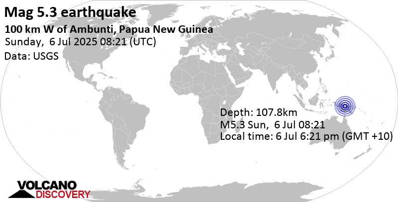 5.3 quake 197 km west of Wewak, East Sepik Province, Papua New Guinea, Jul 6, 2025 06:21 pm (GMT +10)