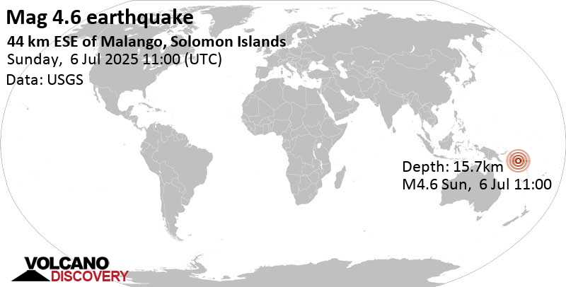 4.6 quake Solomon Sea, Honiara, 32 km south of Guadalcanal Island, Solomon Islands, Jul 6, 2025 10:00 pm (Guadalcanal time)