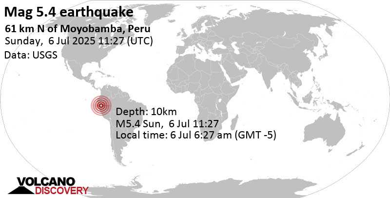 5.4 quake Loreto, 61 km north of Moyobamba, Region de San Martin, Peru, Jul 6, 2025 06:27 am (Lima time)