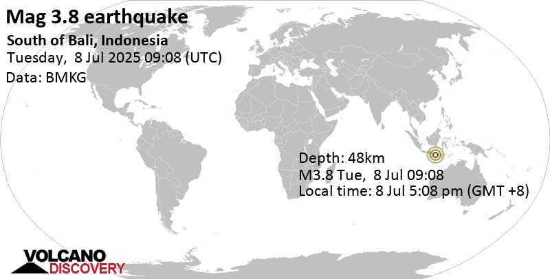 3.8 quake Indian Ocean, 53 km south of Denpasar, Kota Denpasar, Provinsi Bali, Indonesia, Jul 8, 2025 05:08 pm (GMT +8)