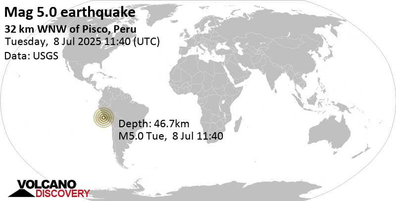 5.0 quake South Pacific Ocean, Lima Province, 33 km west of Pisco, Ica, Peru, Jul 8, 2025 06:40 am (Lima time)