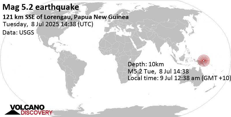 5.2 quake Bismarck Sea, 81 km south of Lou Island, Manus Province, Papua New Guinea, Jul 9, 2025 12:38 am (GMT +10)