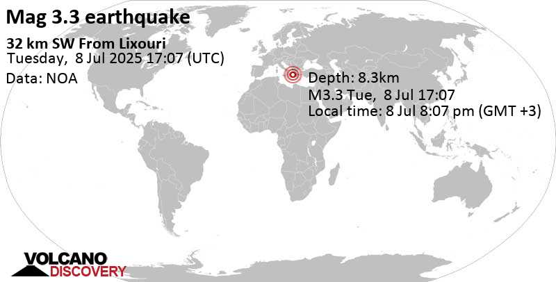 3.3 quake Ionian Sea, 34 km southwest of Argostoli, Greece, Jul 8, 2025 08:07 pm (GMT +3)