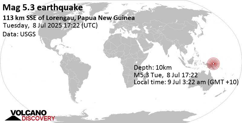5.3 quake Bismarck Sea, 73 km south of Lou Island, Manus Province, Papua New Guinea, Jul 9, 2025 03:22 am (GMT +10)