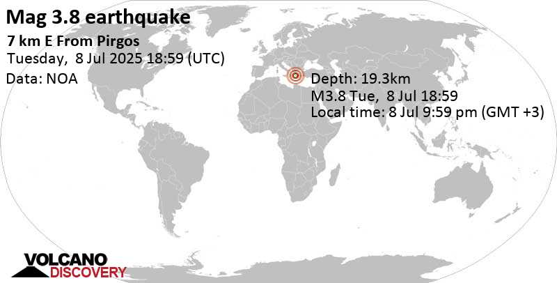 3.8 quake 7.3 km east of Pyrgos, Ilia Prefecture, West Greece, Greece, Jul 8, 2025 09:59 pm (GMT +3)