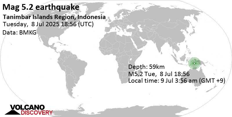 5.2 quake Banda Sea, 47 km north of Pulau Fordate Island, Maluku, Indonesia, Jul 9, 2025 03:56 am (GMT +9)