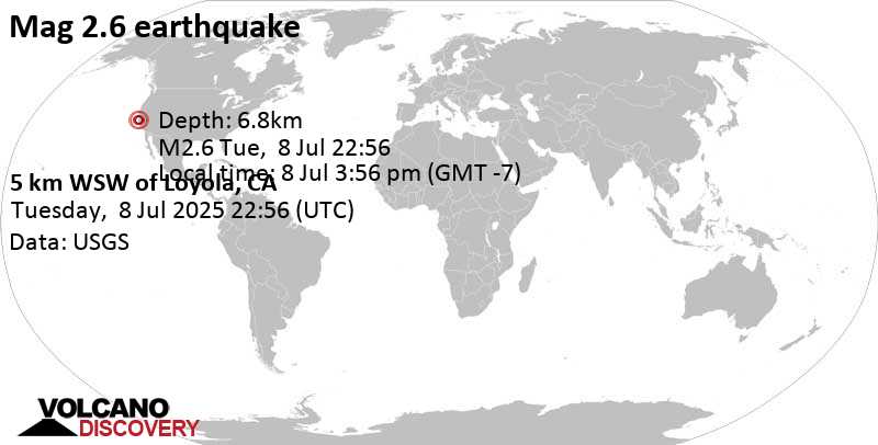 2.6 quake 5.5 mi southwest of Mountain View, Santa Clara County, California, United States, Jul 8, 2025 03:56 pm (GMT -7)