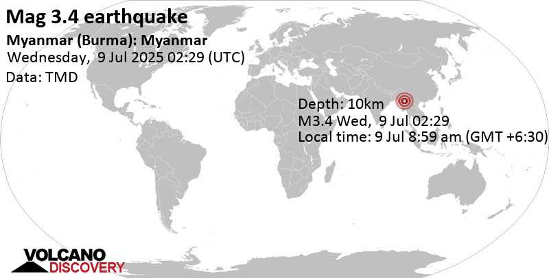 3.4 quake Shan State, 52 km east of Pyin Oo Lwin, Mandalay Region, Myanmar, Jul 9, 2025 08:59 am (GMT +6:30)