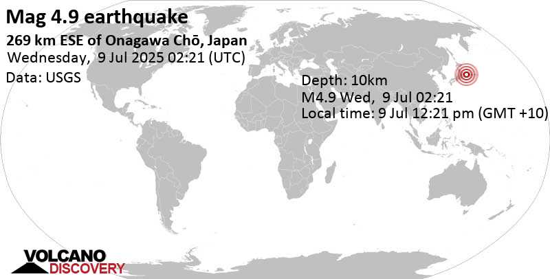 4.9 quake North Pacific Ocean, 280 km east of Ishinomaki, Miyagi, Japan, Jul 9, 2025 11:21 am (GMT +9)