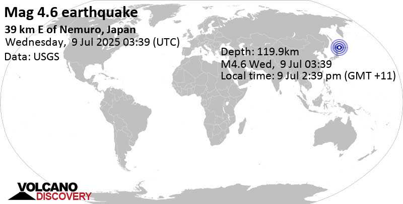 4.6 quake North Pacific Ocean, 8.3 km south of Yuri-to Island, Yuzhno-Kurilsky District, Sakhalin Oblast, Russia, Jul 9, 2025 12:39 pm (GMT +9)
