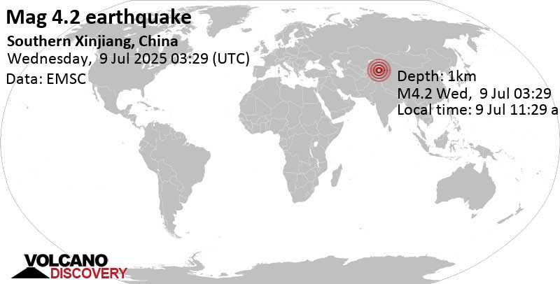 4.2 quake 99 km west of Aksu, Xinjiang, China, Jul 9, 2025 11:29 am (Urumqi time)