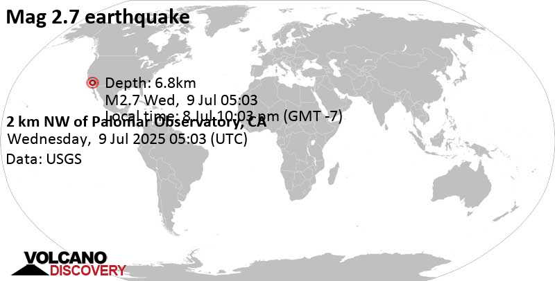 2.7 quake San Diego County, 18 mi southeast of Temecula, Riverside County, California, United States, Jul 8, 2025 10:03 pm (GMT -7)