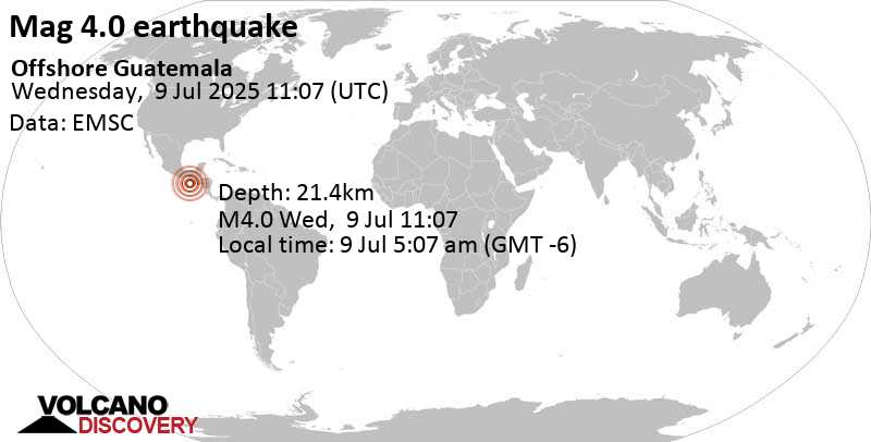 4.0 quake Offshore Guatemala Jul 9, 2025 05:07 am (GMT -6)