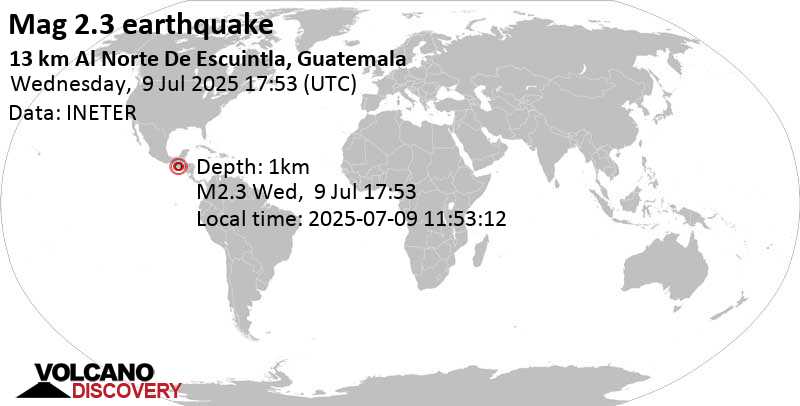 2.3 quake 13 km Al Norte De Escuintla, Guatemala, Jul 9, 2025 11:53 am (GMT -6)
