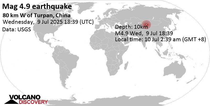 4.9 quake 80 km W of Turpan, China, Jul 10, 2025 02:39 am (Urumqi time)