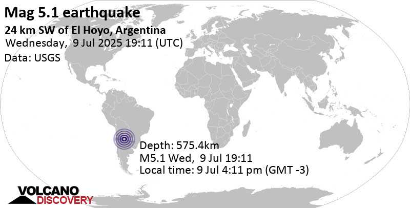 5.1 quake 24 km SW of El Hoyo, Argentina, Jul 9, 2025 07:11 pm (Universal Time)