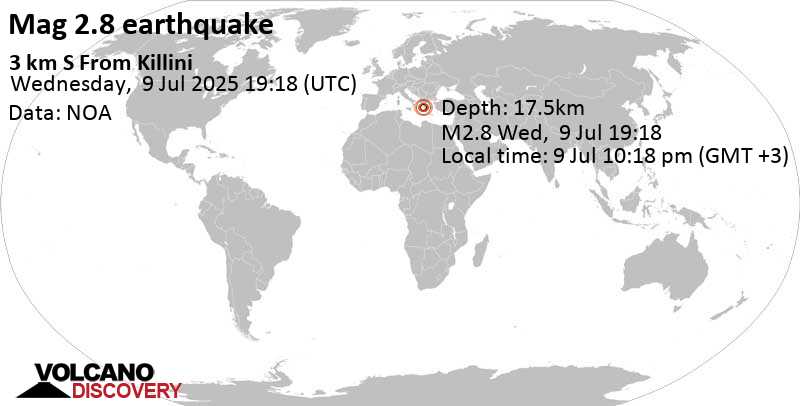 2.8 quake 3 km S From Killini Jul 9, 2025 10:18 pm (GMT +3)