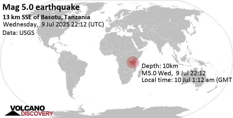 5.0 quake 13 km SSE of Basotu, Tanzania, Jul 9, 2025 10:12 pm (Universal Time)