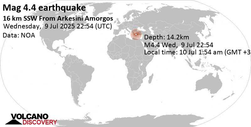 4.4 quake 16 km SSW From Arkesini Amorgos Jul 10, 2025 01:54 am (Athens time)