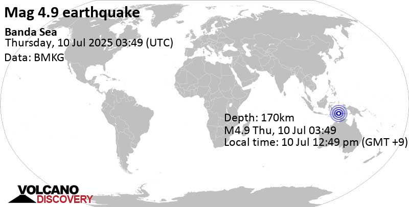 4.9 quake Banda Sea Jul 10, 2025 12:49 pm (GMT +9)