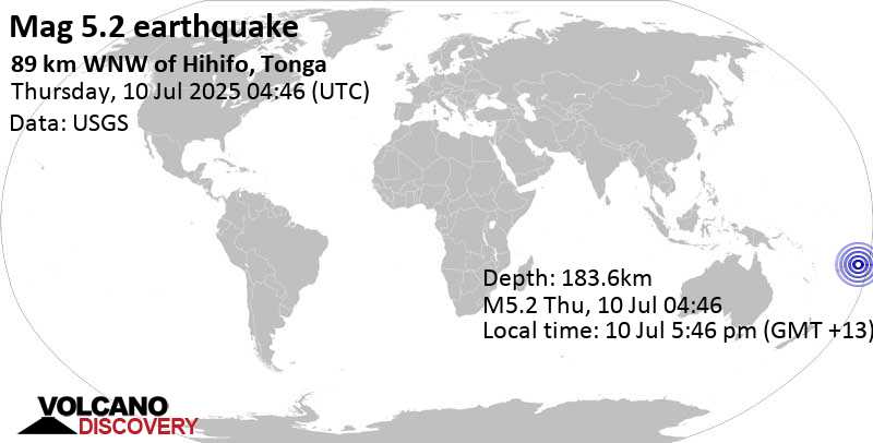 5.2 quake 89 km WNW of Hihifo, Tonga, Jul 10, 2025 05:46 pm (GMT +13)