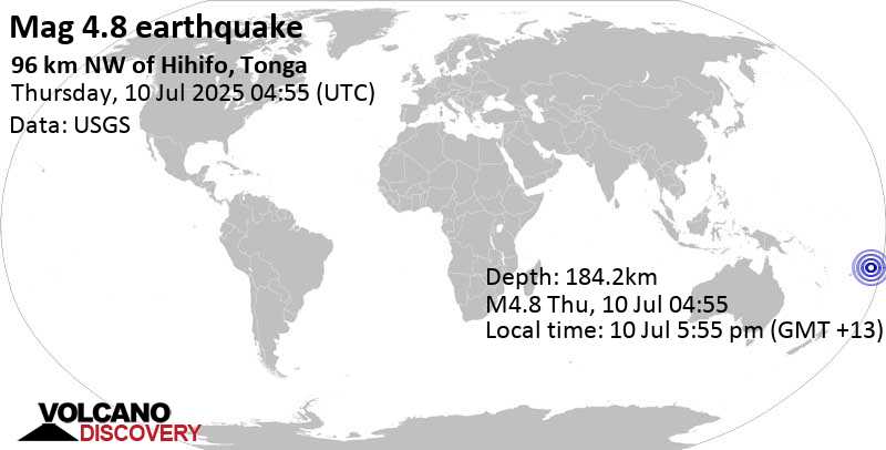 4.8 quake 96 km NW of Hihifo, Tonga, Jul 10, 2025 05:55 pm (GMT +13)