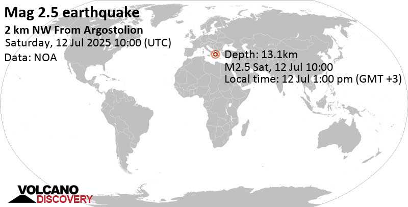 2.5 quake Ionian Sea, 12 km southwest of Kefalonia Island, Greece, Jul 12, 2025 01:00 pm (GMT +3)