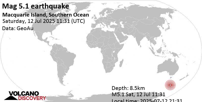 5.1 quake South Pacific Ocean, 120 km west of Macquarie Island, Tasmania, Australia, Jul 12, 2025 09:31 pm (GMT +10)