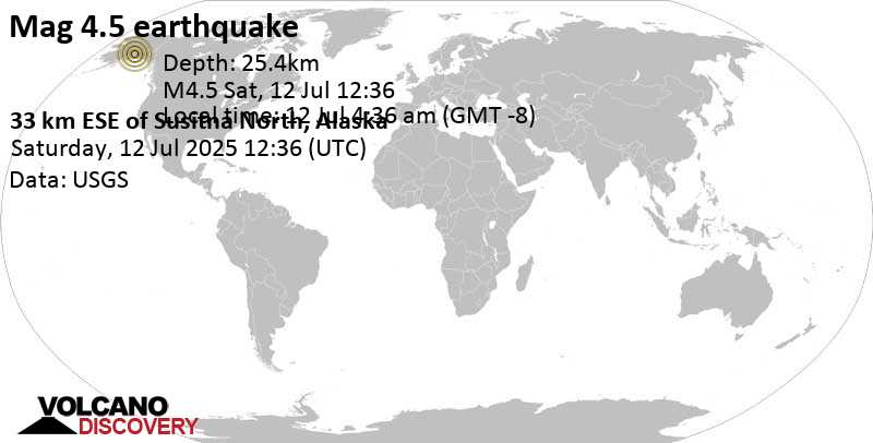 4.5 quake Matanuska-Susitna Borough, 53 mi north of Eagle River, Anchorage Municipality, Alaska, United States, Jul 12, 2025 04:36 am (Anchorage time)