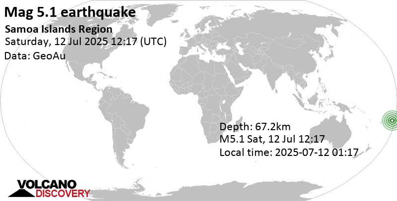 5.1 quake South Pacific Ocean, 261 km south of Apia, Tuamasaga, Samoa, Jul 13, 2025 01:17 am (GMT +13)