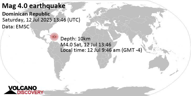 4.0 quake 16 km north of Hato Mayor del Rey, Provincia de Hato Mayor, Dominican Republic, Jul 12, 2025 09:46 am (Santo Domingo time)