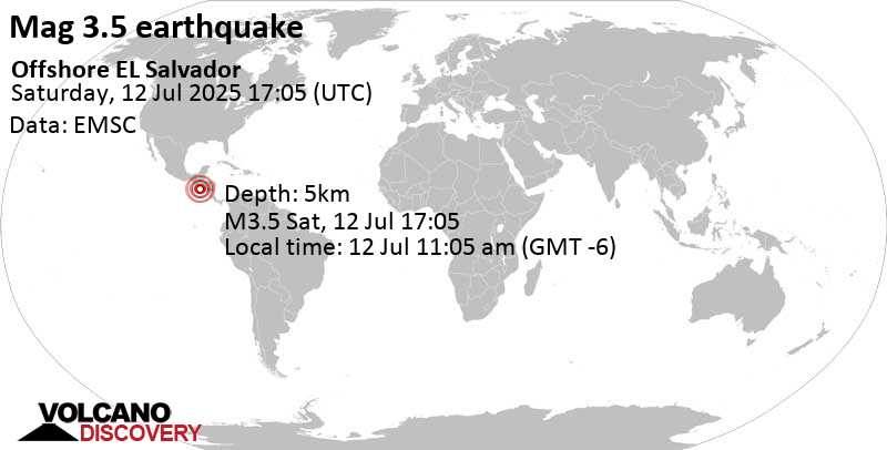 3.5 quake North Pacific Ocean, 99 km southwest of San Salvador, El Salvador, Jul 12, 2025 11:05 am (GMT -6)