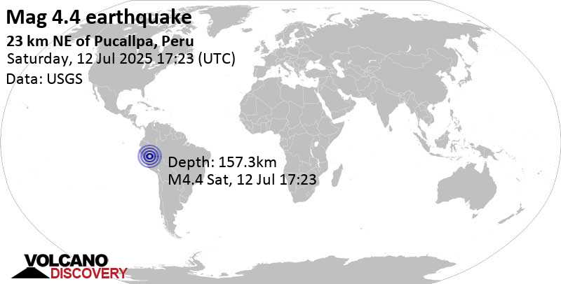 4.4 quake 23 km northeast of Pucallpa, Ucayali, Peru, Jul 12, 2025 12:23 pm (Lima time)